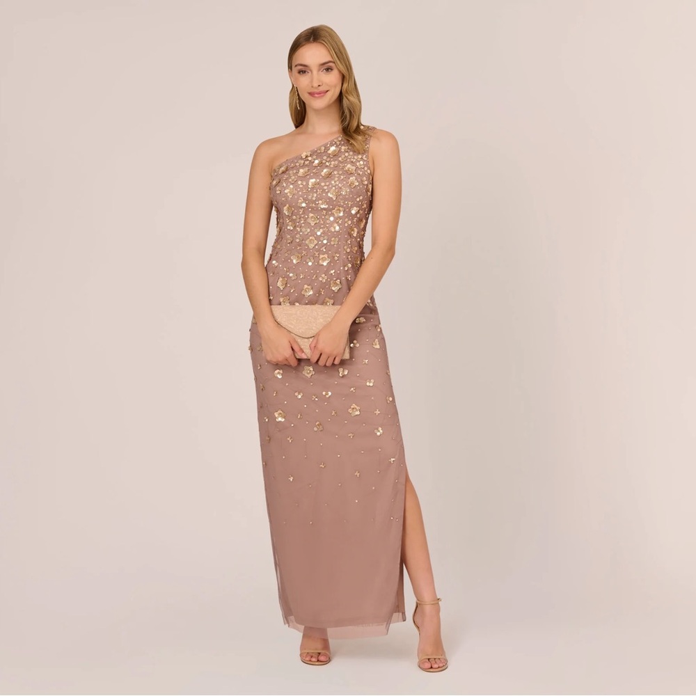 Adrianna Papell SZ 14 NWT One Shoulder Beaded MOB Formal Evening Mauve Gold Tan